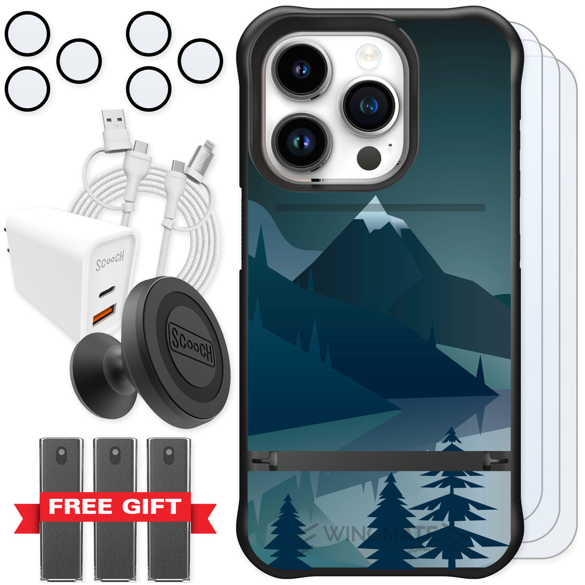 Scooch Wingmate Midnight Ridge for iPhone 15 Pro — Ultimate Bundle