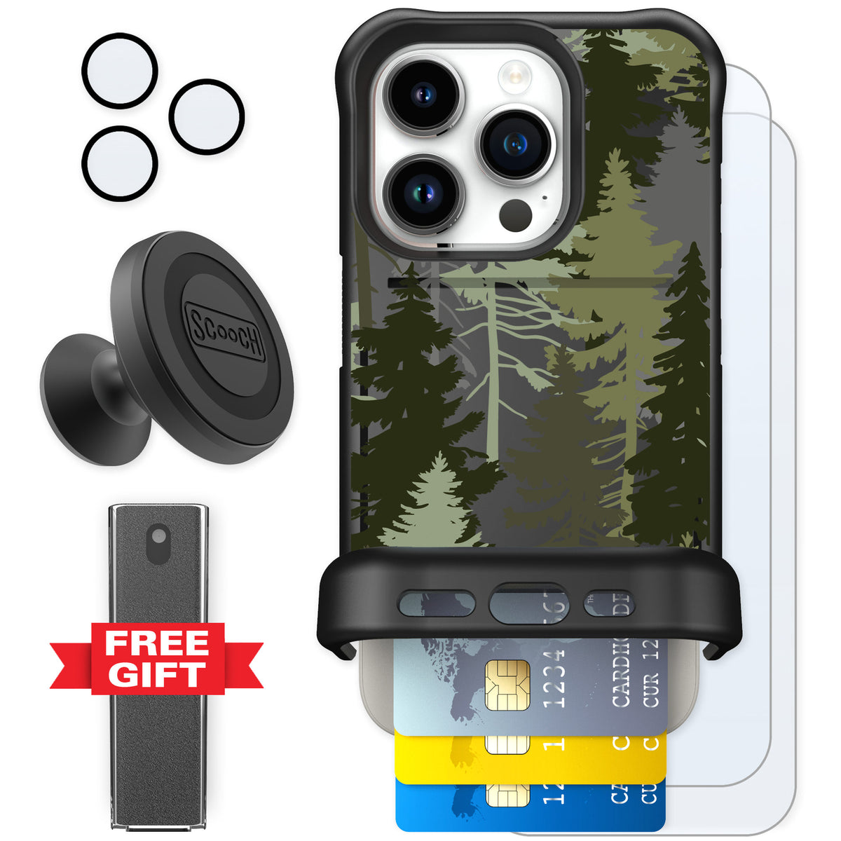 Scooch Wingmate Hidden Pines for iPhone 15 Pro — Defender Bundle