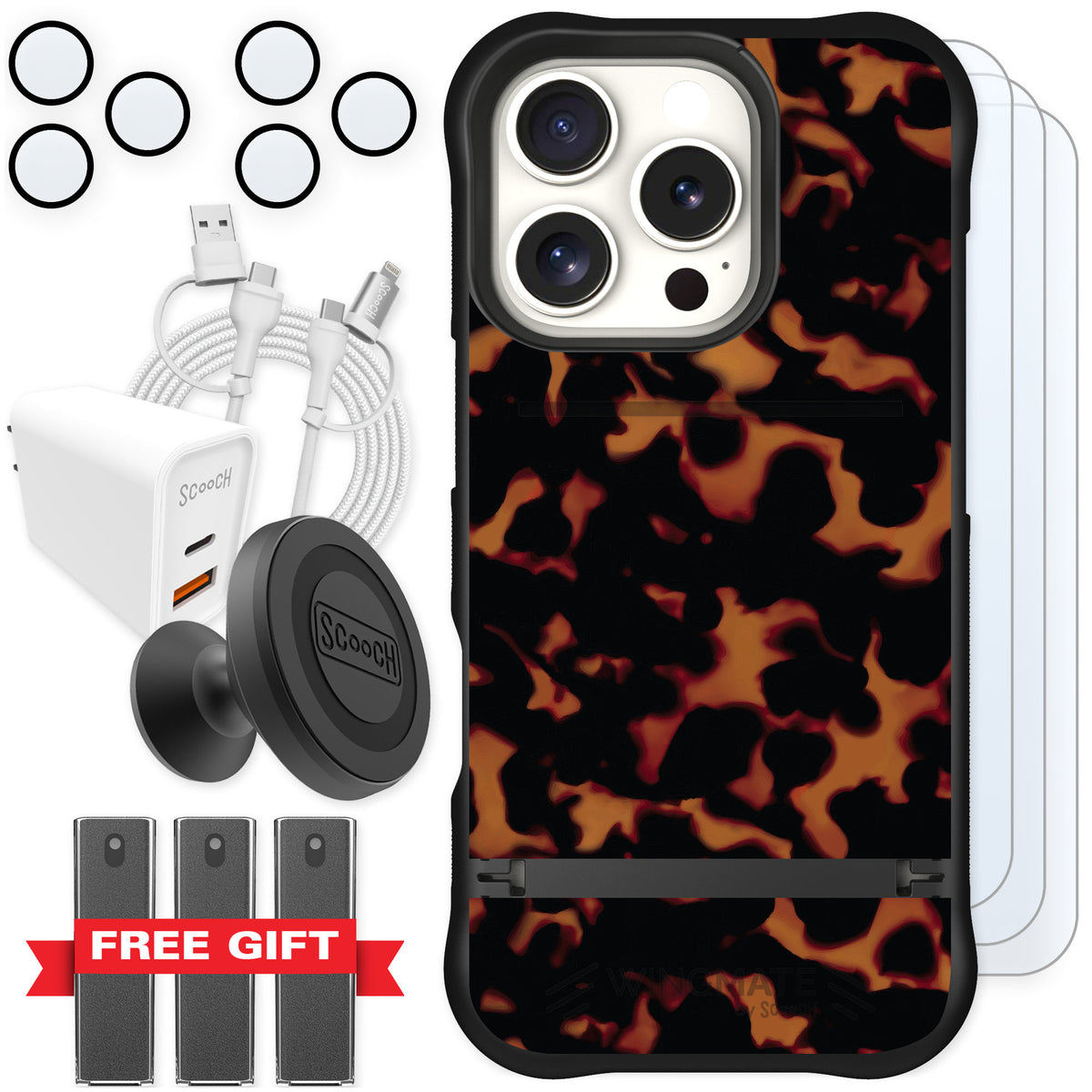 Scooch Wingmate Tortoise Shell for iPhone 16 Pro — Ultimate Bundle