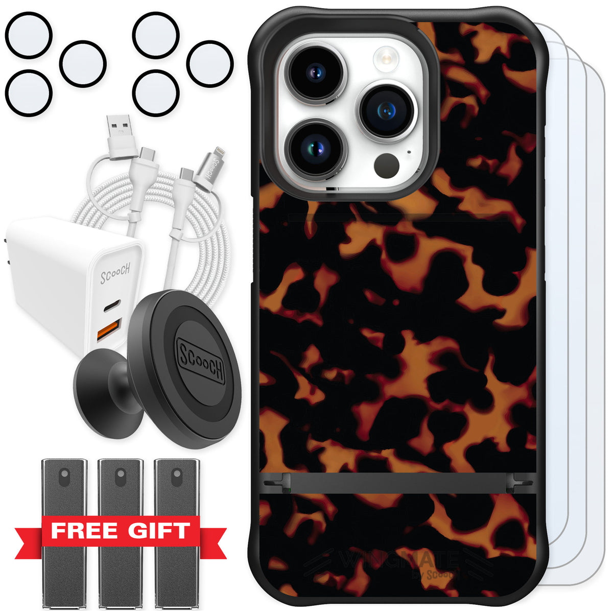 Scooch Wingmate Tortoise Shell for iPhone 15 Pro — Ultimate Bundle