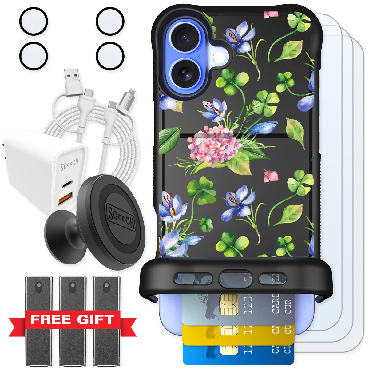 Scooch Wingmate Lucky Hydrangea for iPhone 16 Plus — Ultimate Bundle