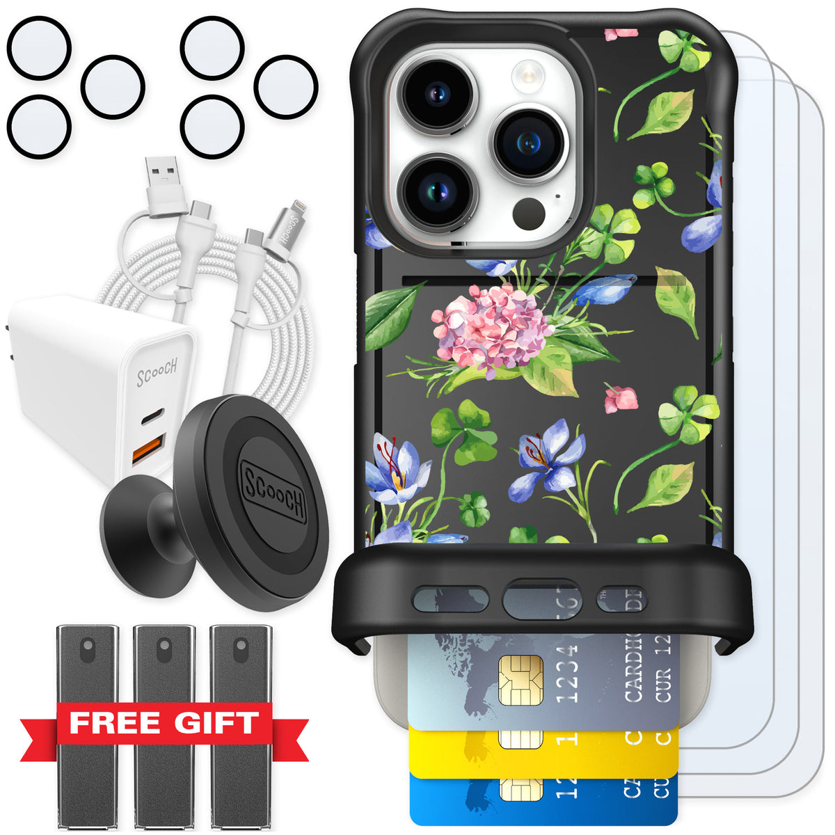 Scooch Wingmate Lucky Hydrangea for iPhone 15 Pro — Ultimate Bundle