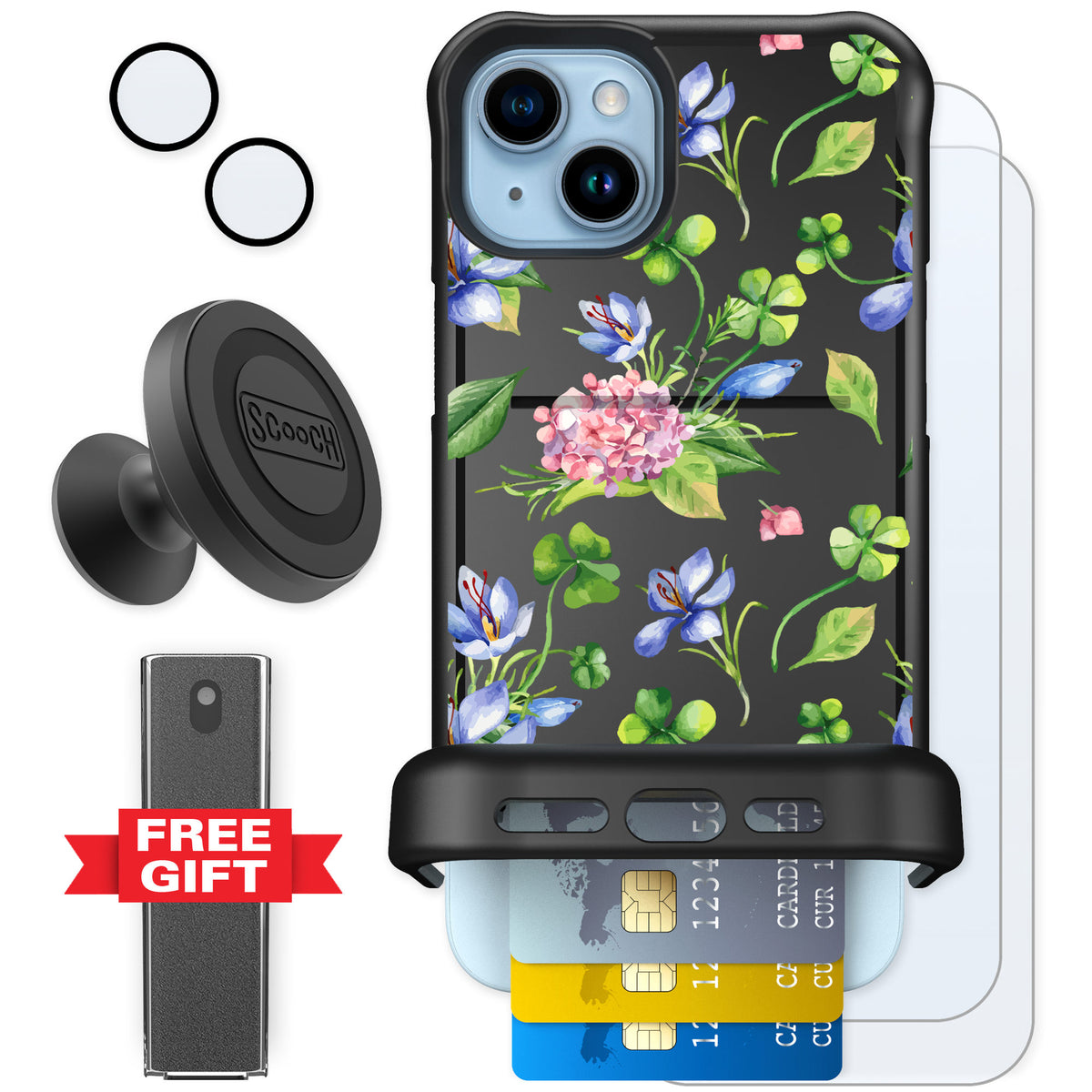 Scooch Wingmate Lucky Hydrangea for iPhone 15 Plus — Defender Bundle