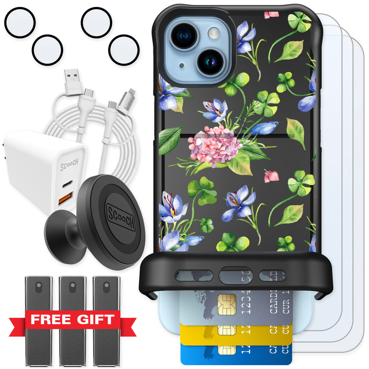 Scooch Wingmate Lucky Hydrangea for iPhone 15 Plus — Ultimate Bundle