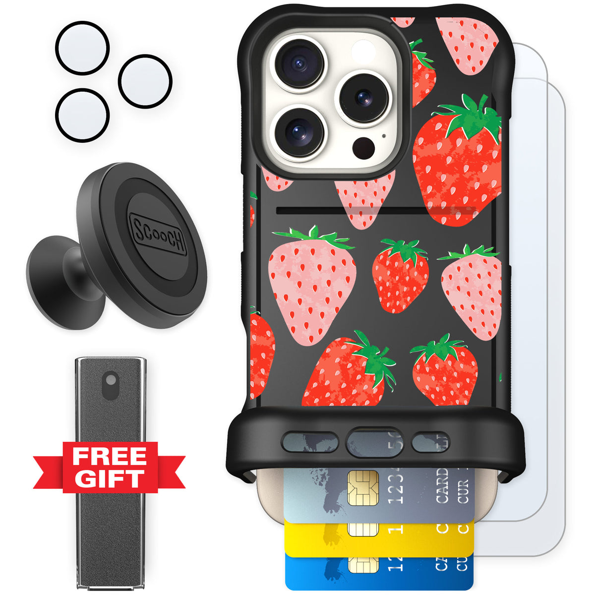Scooch Wingmate Strawberry Fields for iPhone 16 Pro — Defender Bundle