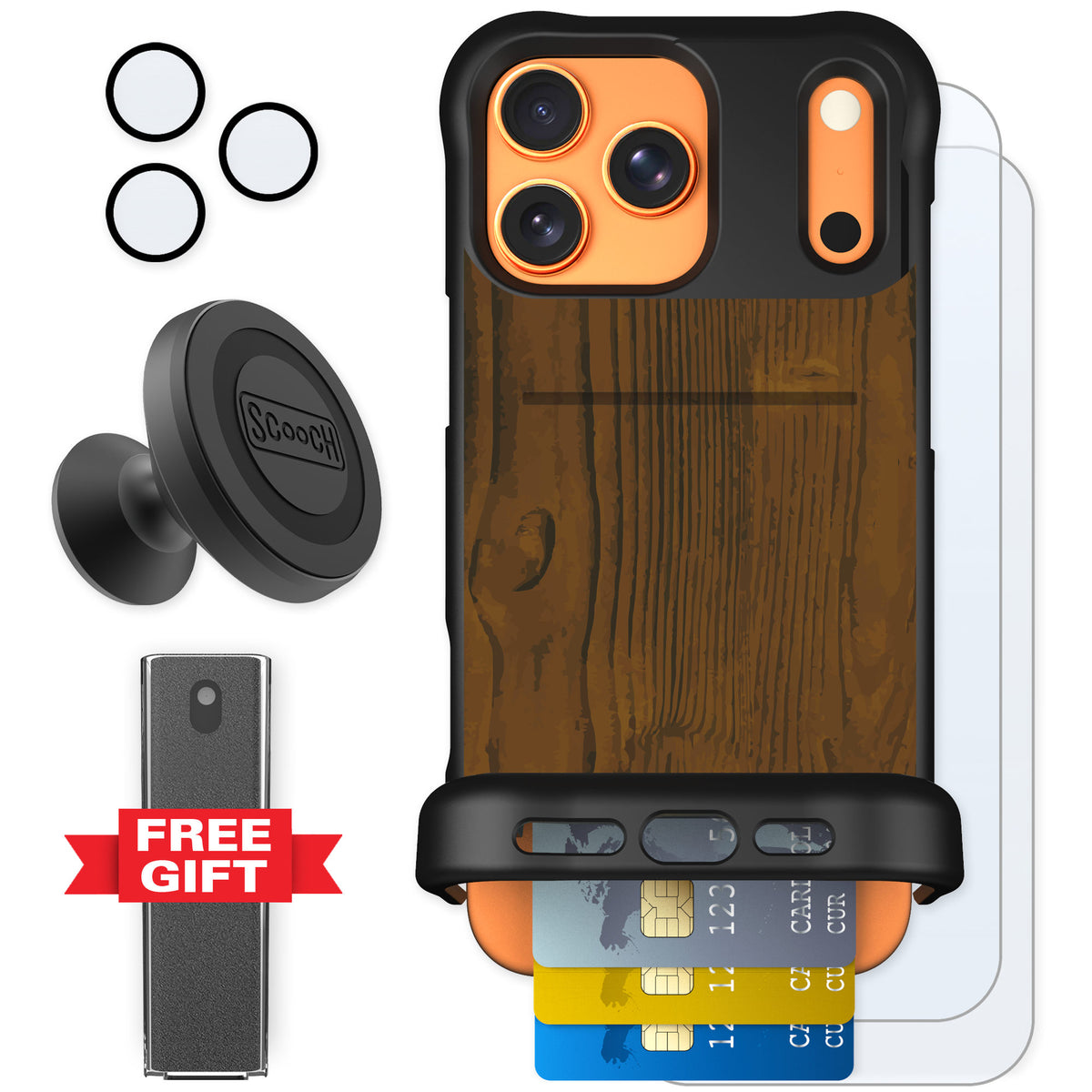 Scooch Wingmate Wood Grain for iPhone 17 Pro Max — Defender Bundle