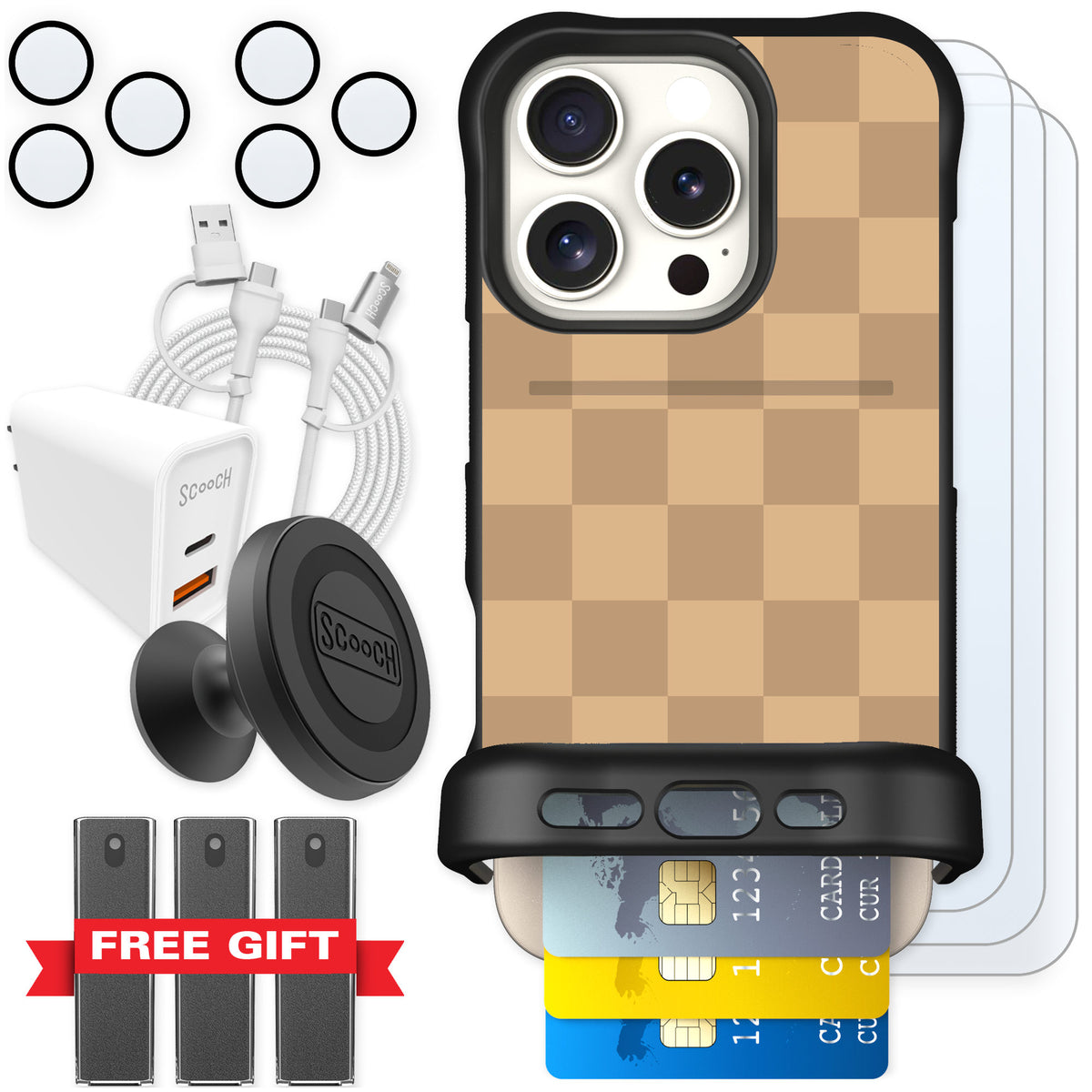 Scooch Wingmate Checkered Beige for iPhone 16 Pro β Ultimate Bundle