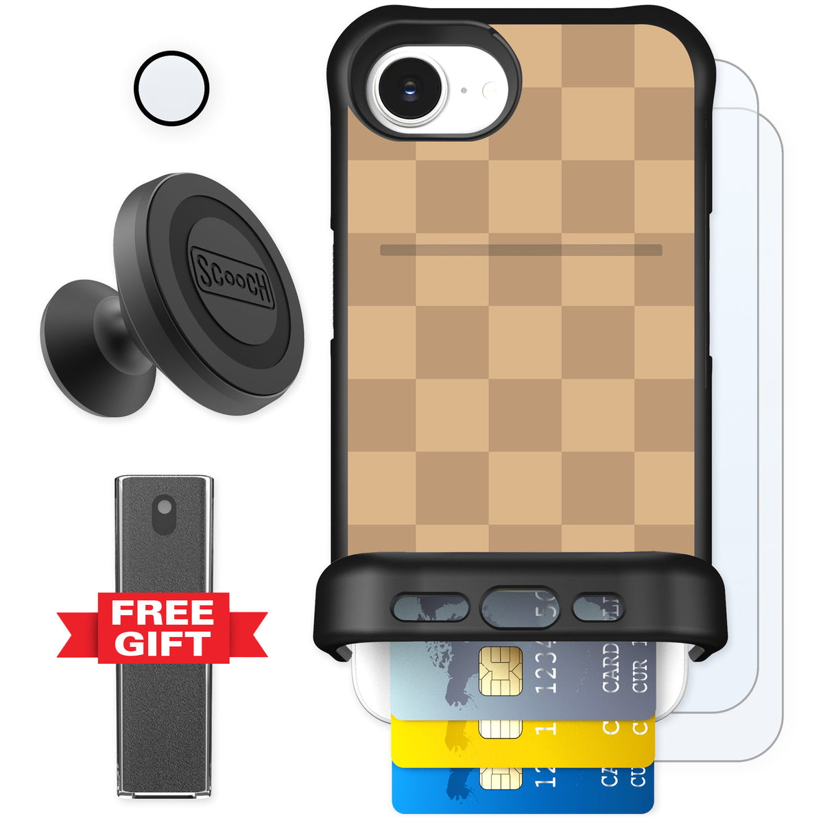 Scooch Wingmate Checkered Beige for iPhone 16e β Defender Bundle