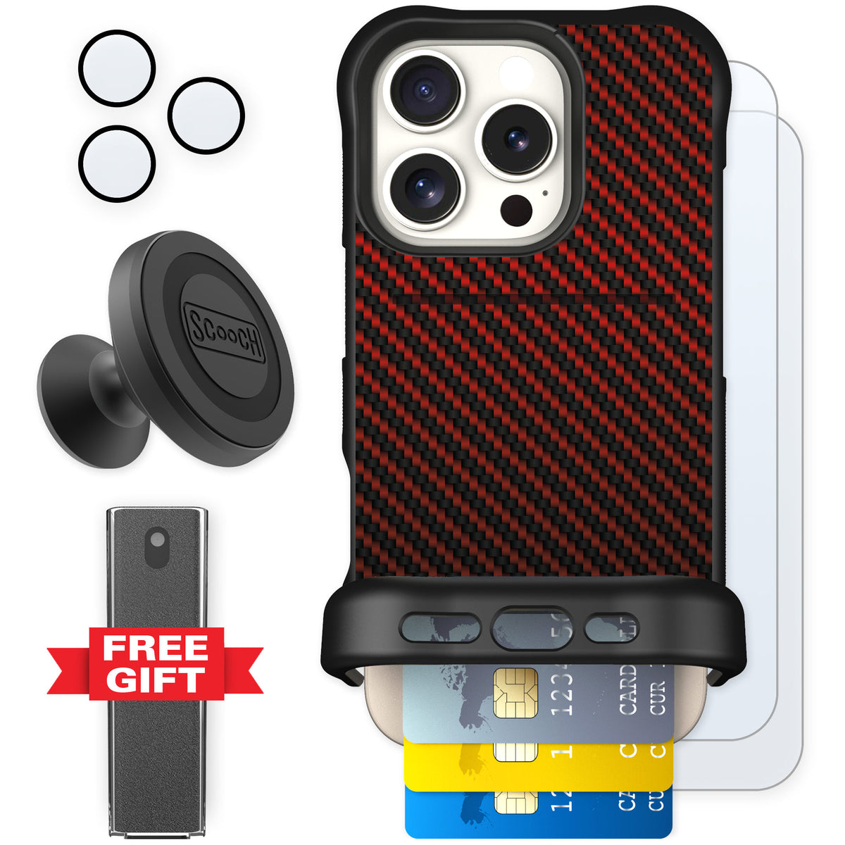 Scooch Wingmate Red Carbon Fiber for iPhone 16 Pro β Defender Bundle