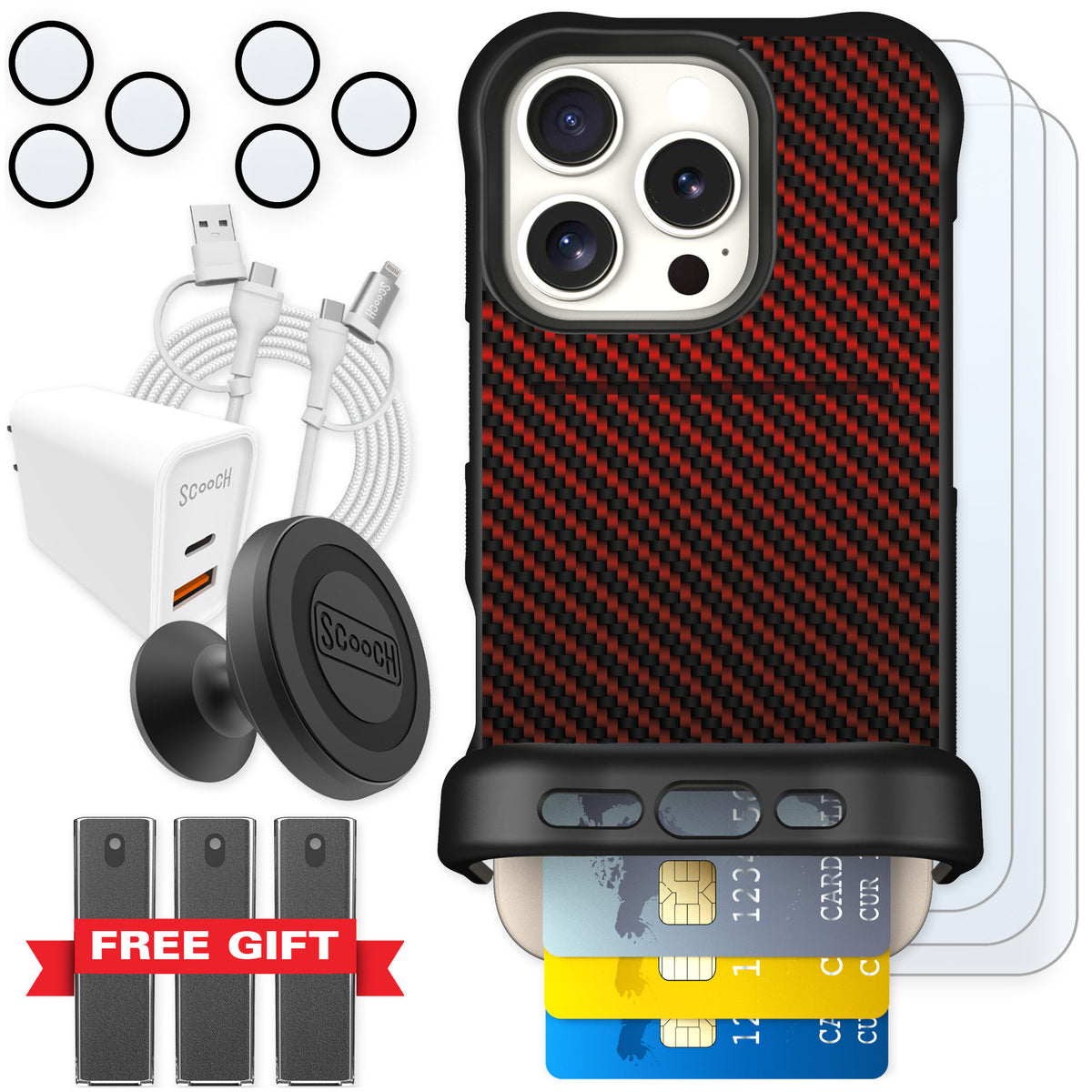 Scooch Wingmate Red Carbon Fiber for iPhone 16 Pro β Ultimate Bundle