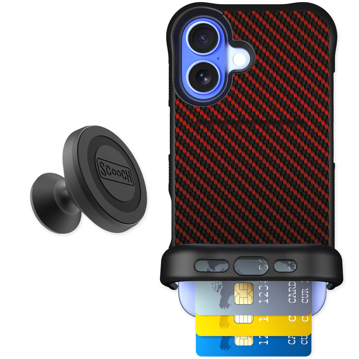 Scooch Wingmate Red Carbon Fiber for iPhone 16 β Starter Bundle