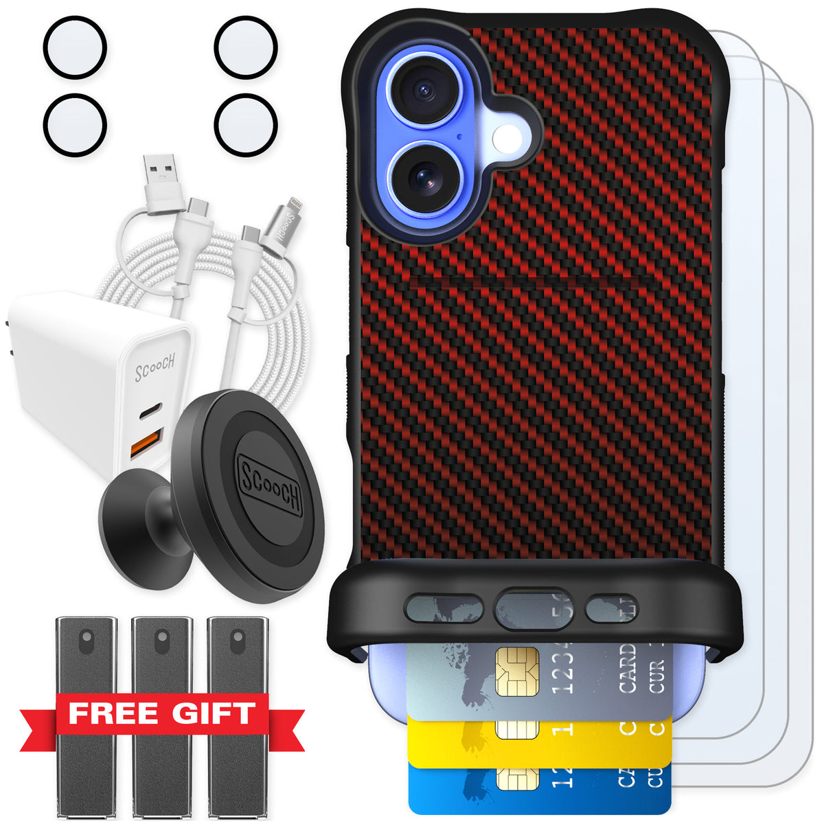 Scooch Wingmate Red Carbon Fiber for iPhone 16 β Ultimate Bundle