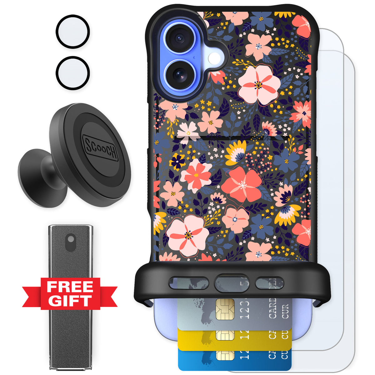 Scooch Wingmate Wildflowers for iPhone 16 Plus — Defender Bundle
