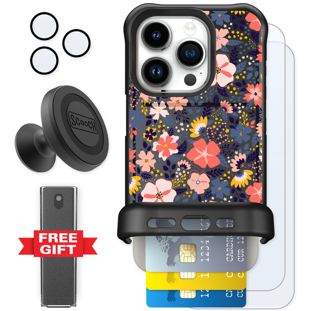 Scooch Wingmate Wildflowers for iPhone 15 Pro — Defender Bundle