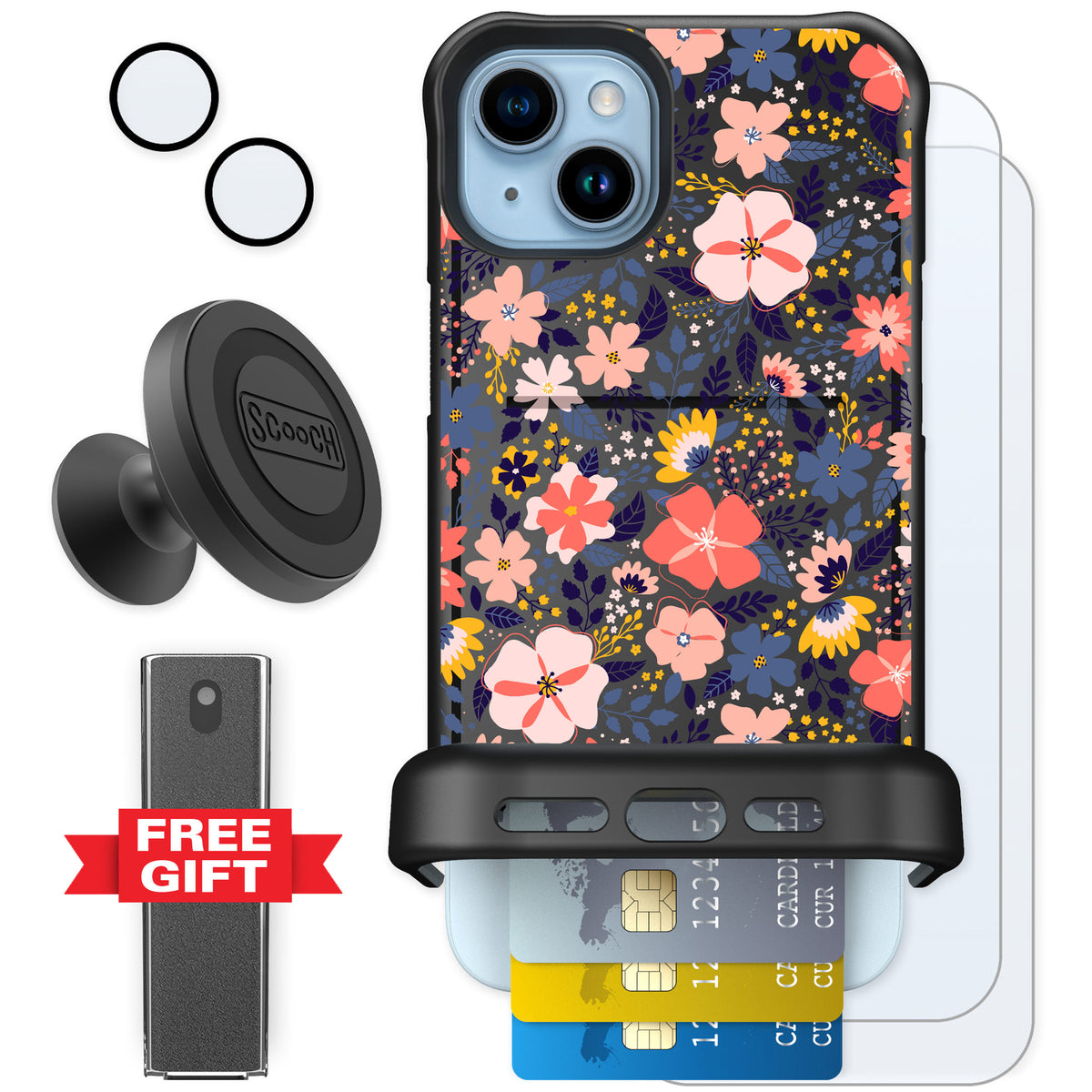 Scooch Wingmate Wildflowers for iPhone 14 Plus — Defender Bundle