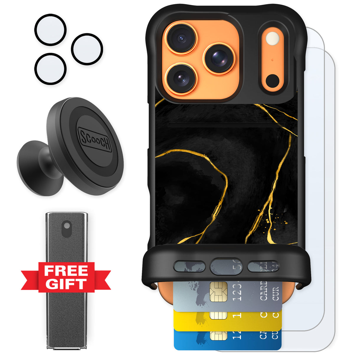 Scooch Wingmate Black Marble for iPhone 17 Pro — Defender Bundle