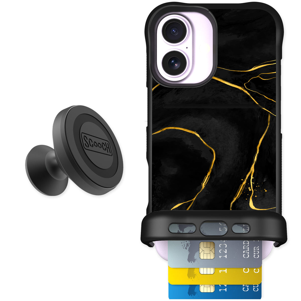 Scooch Wingmate Black Marble for iPhone 17 — Starter Bundle