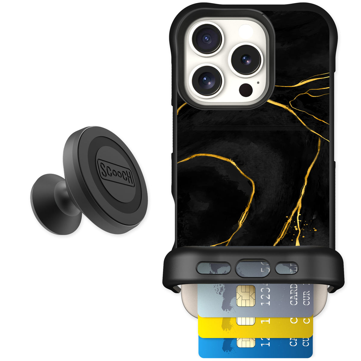 Scooch Wingmate Black Marble for iPhone 16 Pro — Starter Bundle