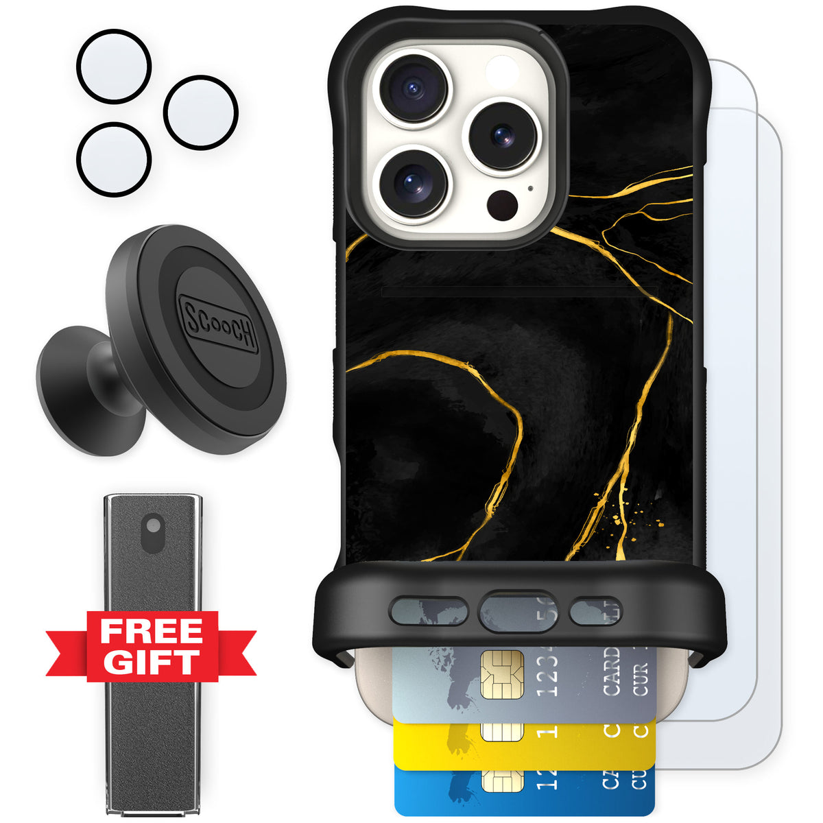 Scooch Wingmate Black Marble for iPhone 16 Pro — Defender Bundle