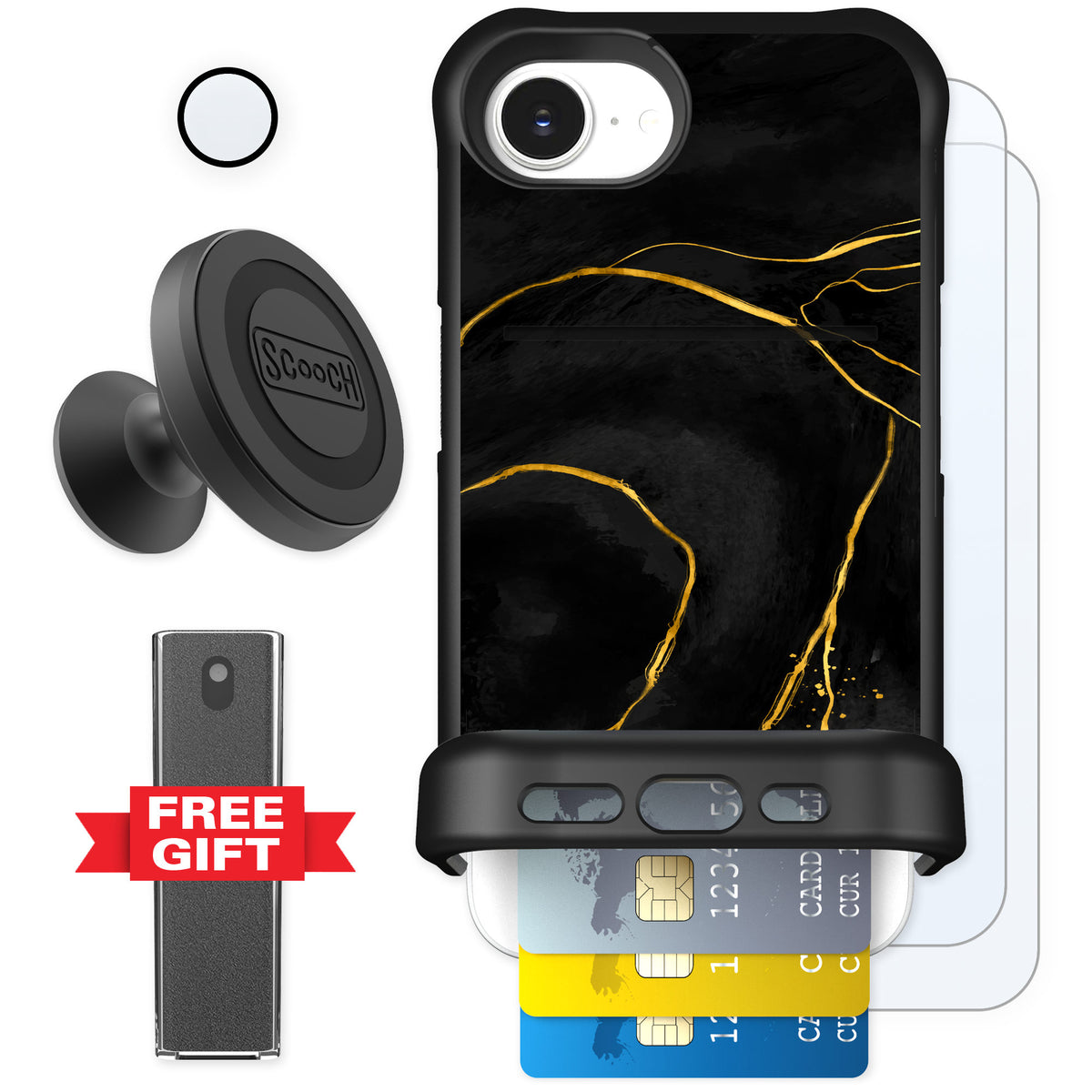 Scooch Wingmate Black Marble for iPhone 16e — Defender Bundle