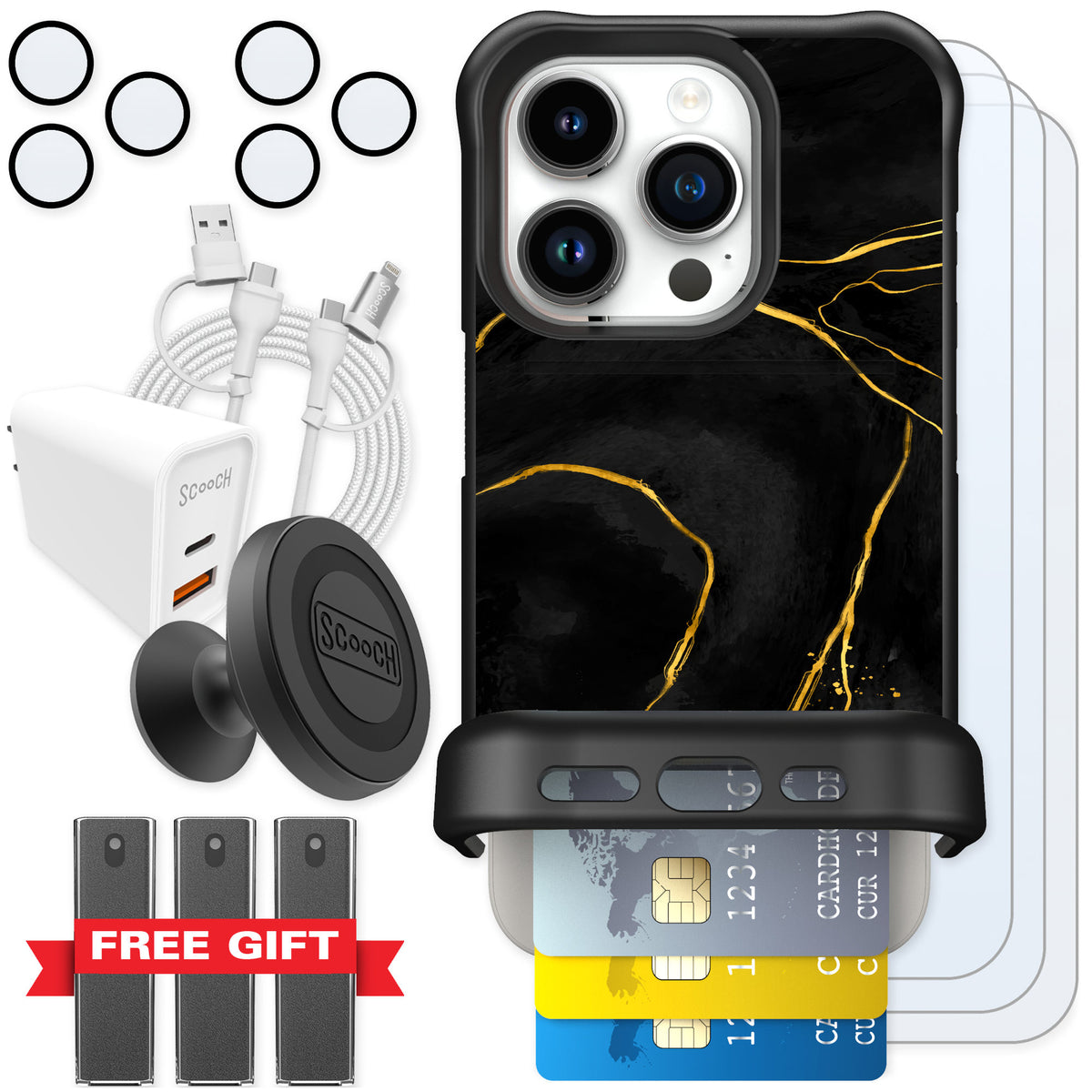 Scooch Wingmate Black Marble for iPhone 15 Pro — Ultimate Bundle