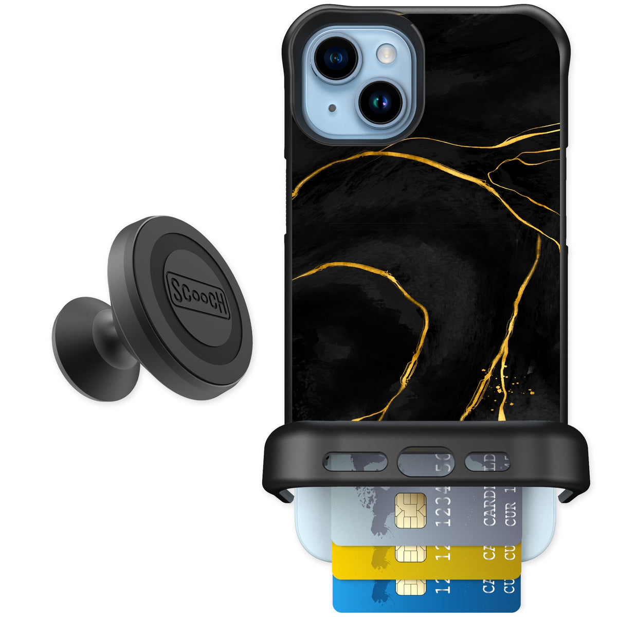 Scooch Wingmate Black Marble for iPhone 15 Plus — Starter Bundle