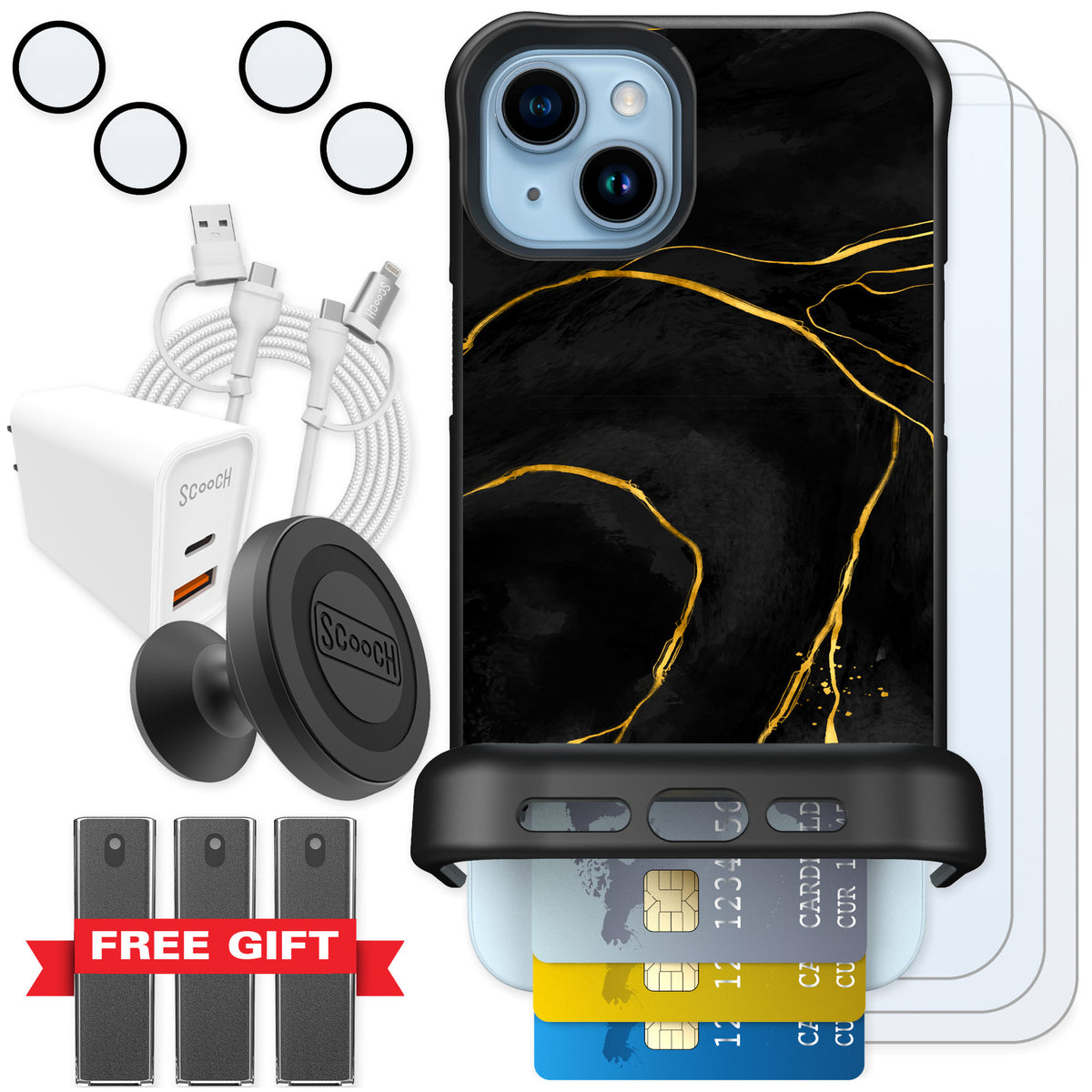 Scooch Wingmate Black Marble for iPhone 15 Plus — Ultimate Bundle