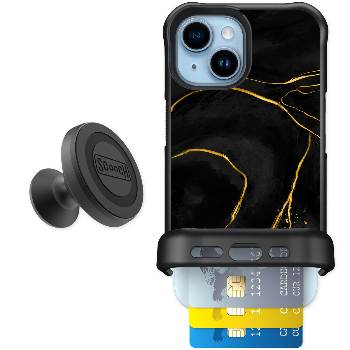 Scooch Wingmate Black Marble for iPhone 15 — Starter Bundle