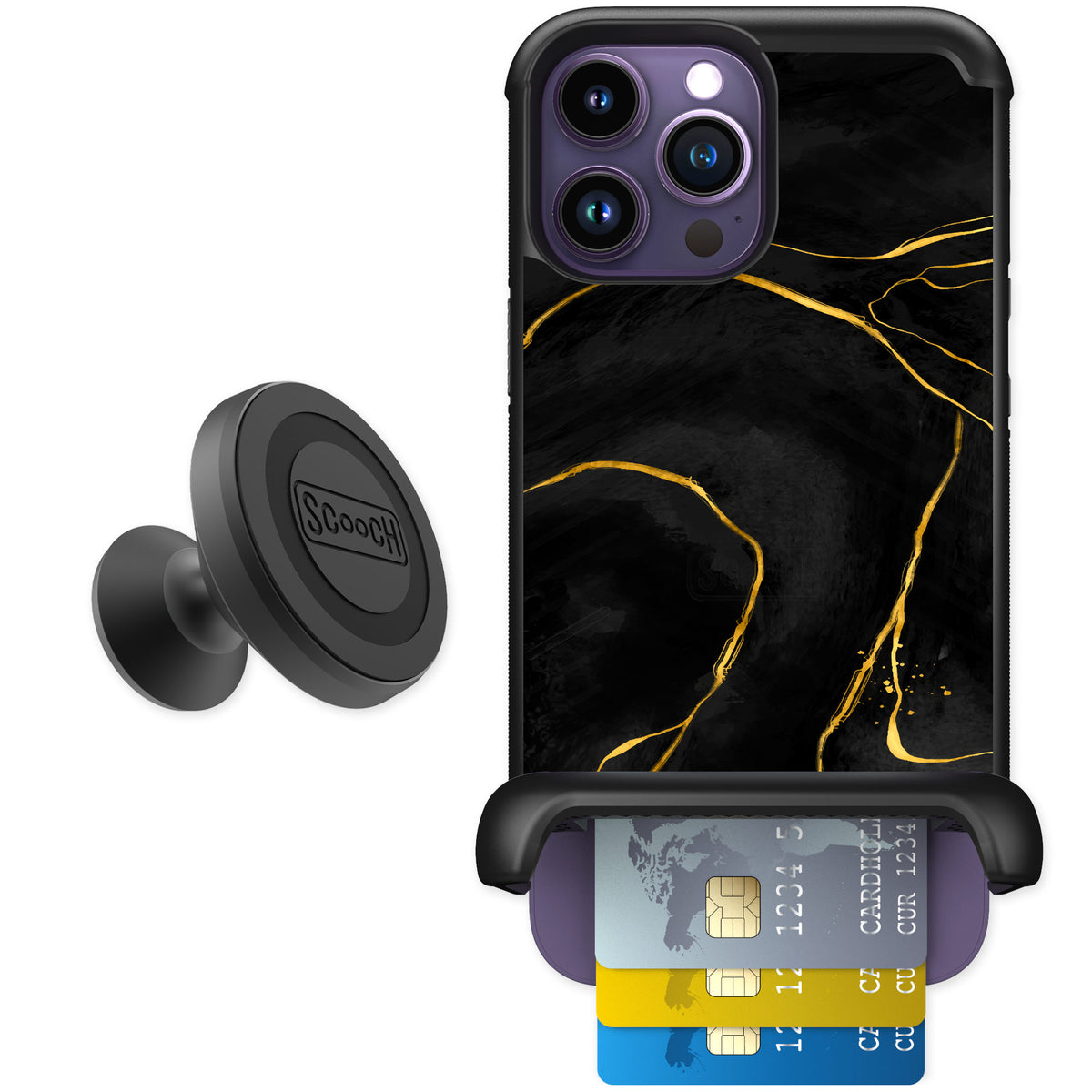 Scooch Wingmate Black Marble for iPhone 14 Pro Max — Starter Bundle