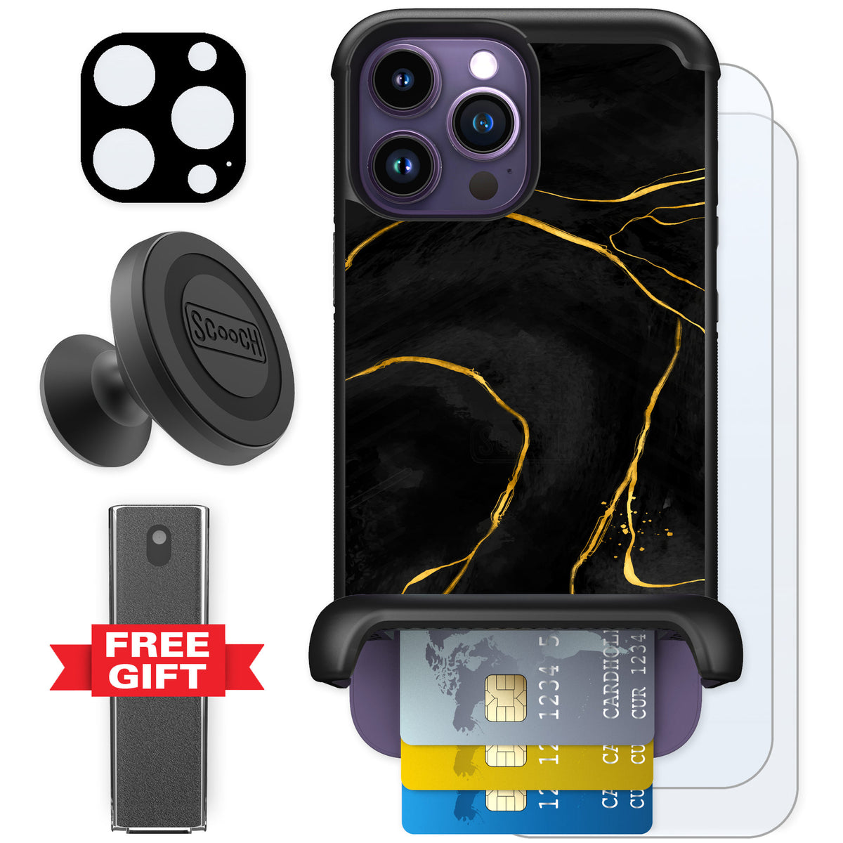 Scooch Wingmate Black Marble for iPhone 14 Pro Max — Defender Bundle