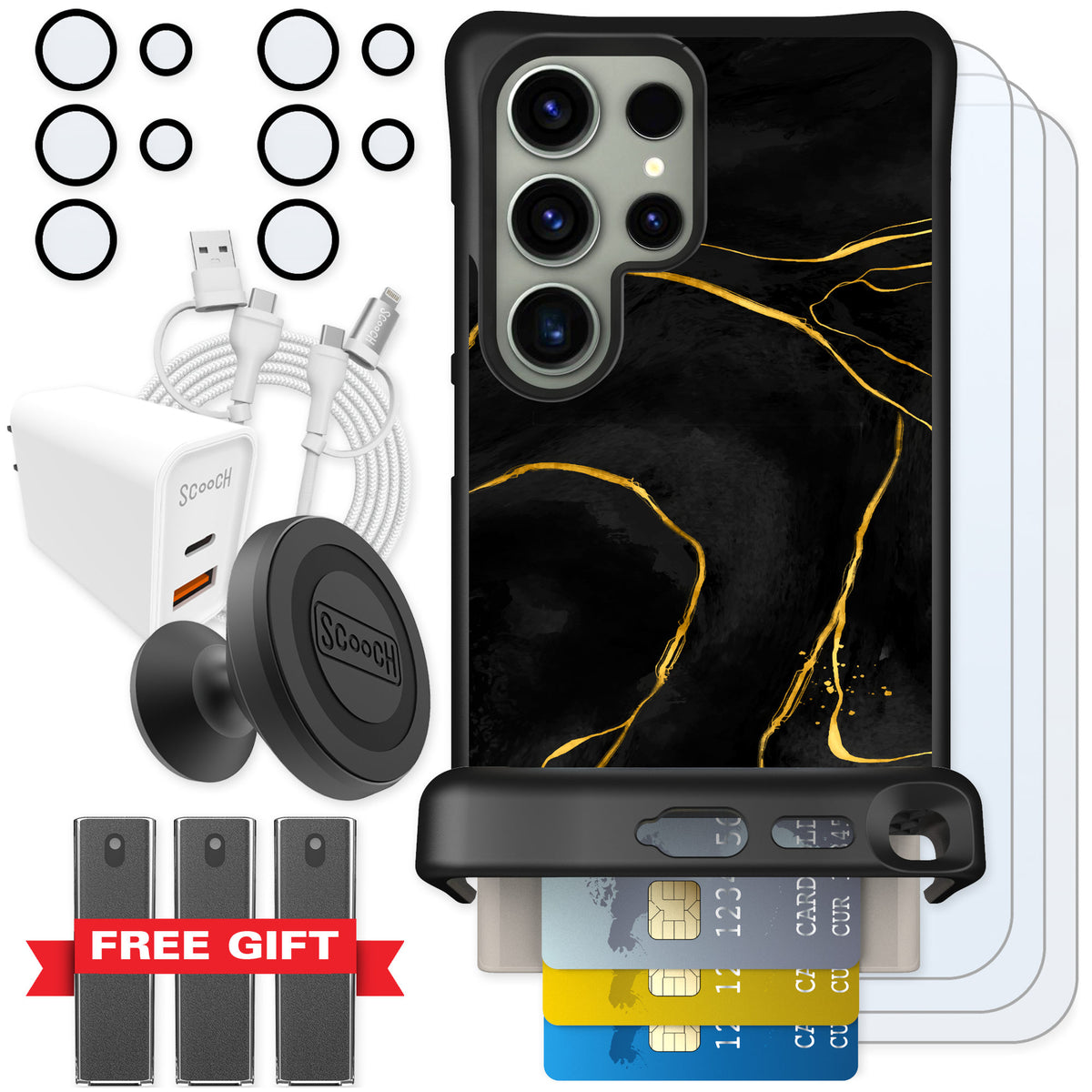 Scooch Wingmate Black Marble for Galaxy S24 Ultra — Ultimate Bundle