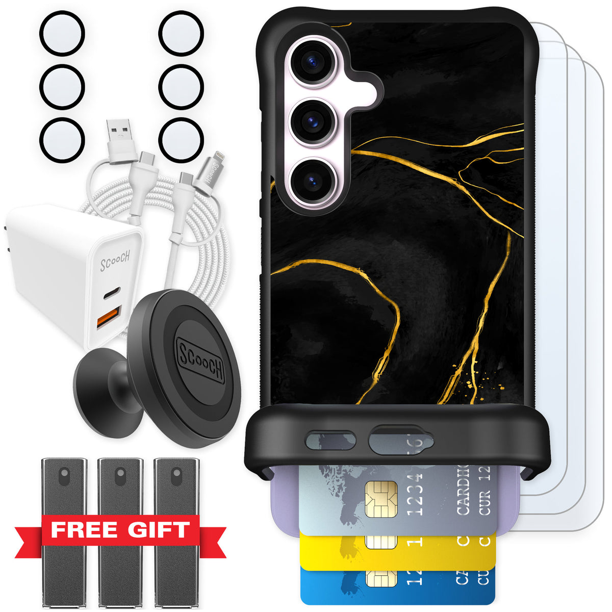 Scooch Wingmate Black Marble for Galaxy S24 — Ultimate Bundle