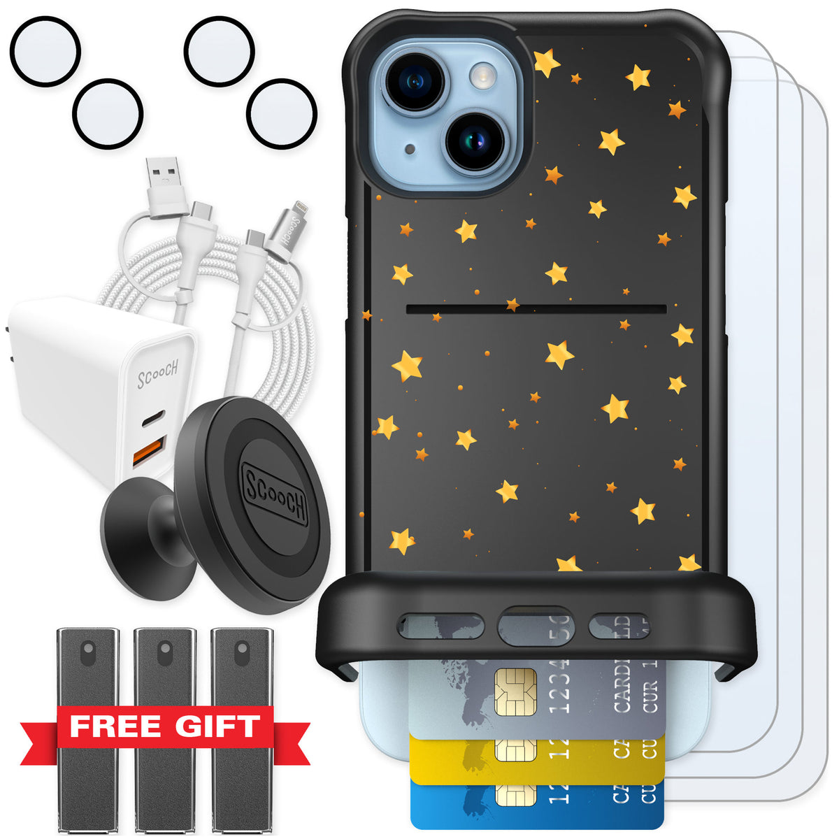 Scooch Wingmate Gold Stars for iPhone 15 Plus β Ultimate Bundle