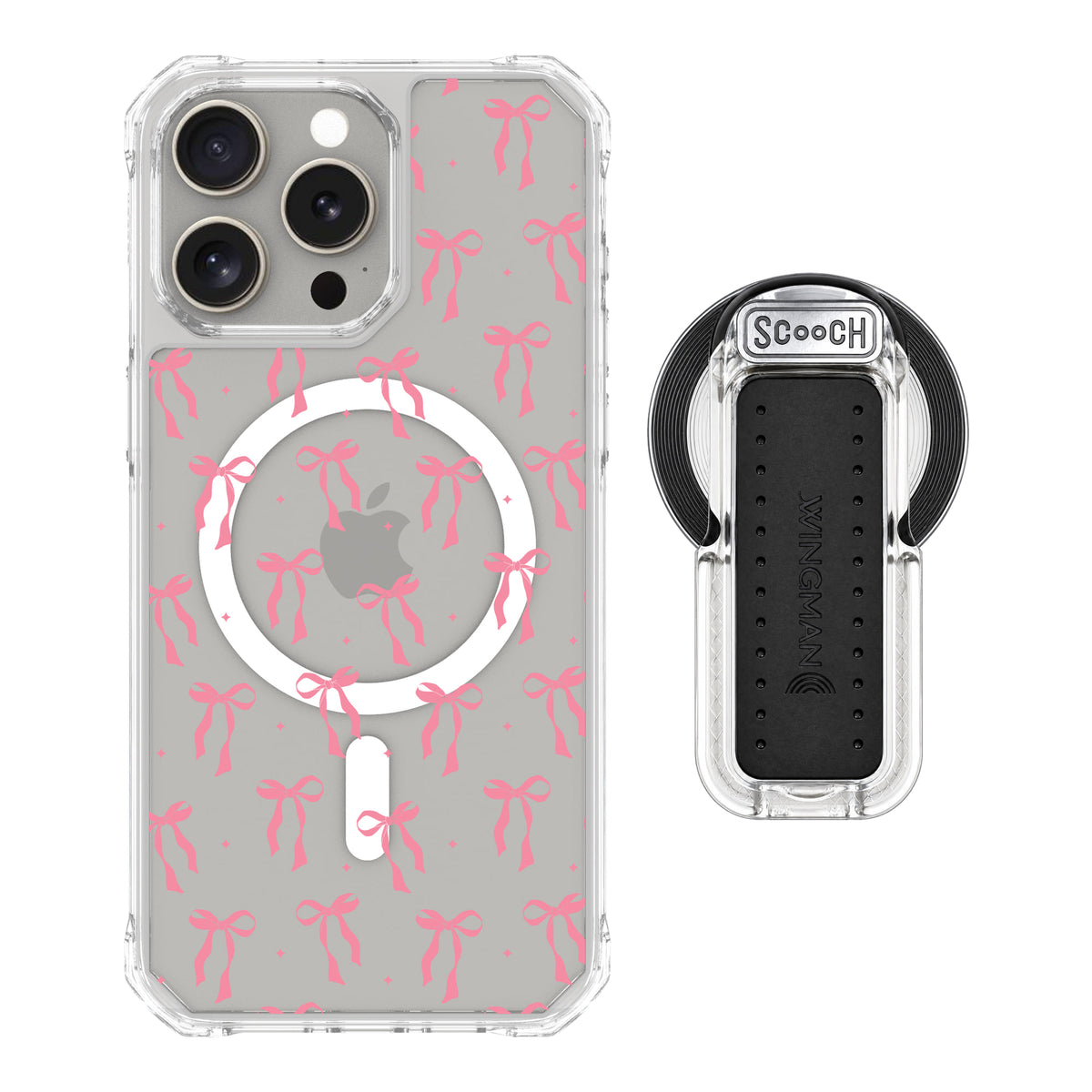 Scooch MagCase Pink Bows for iPhone 15 Pro Max with MagSafe Wingback - Clear