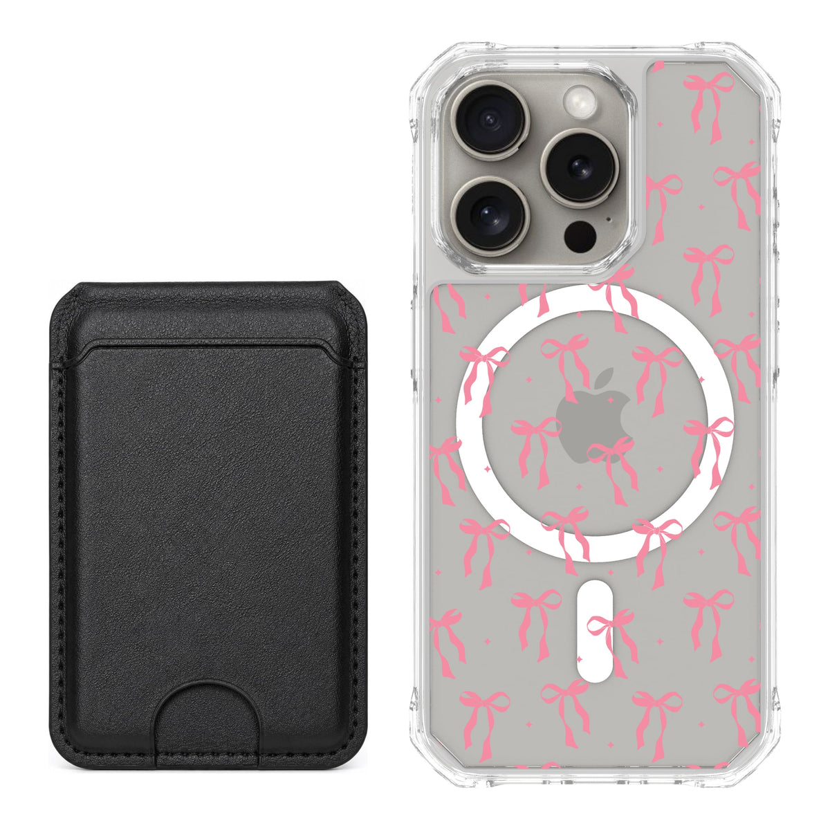 Scooch MagCase Pink Bows for iPhone 15 Pro with Black MagWallet