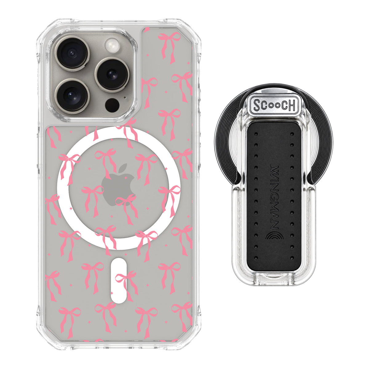 Scooch MagCase Pink Bows for iPhone 15 Pro with MagSafe Wingback - Clear