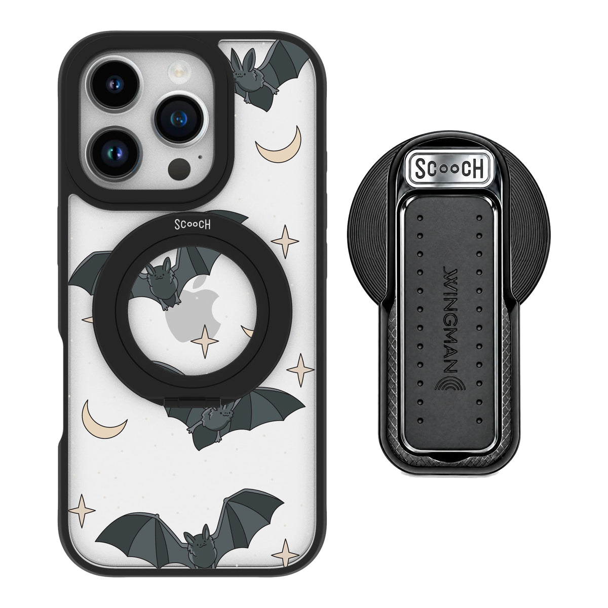 Scooch MagCase Batty Skies magsafe wingback bundle - black featuring the original Batty Skies print
