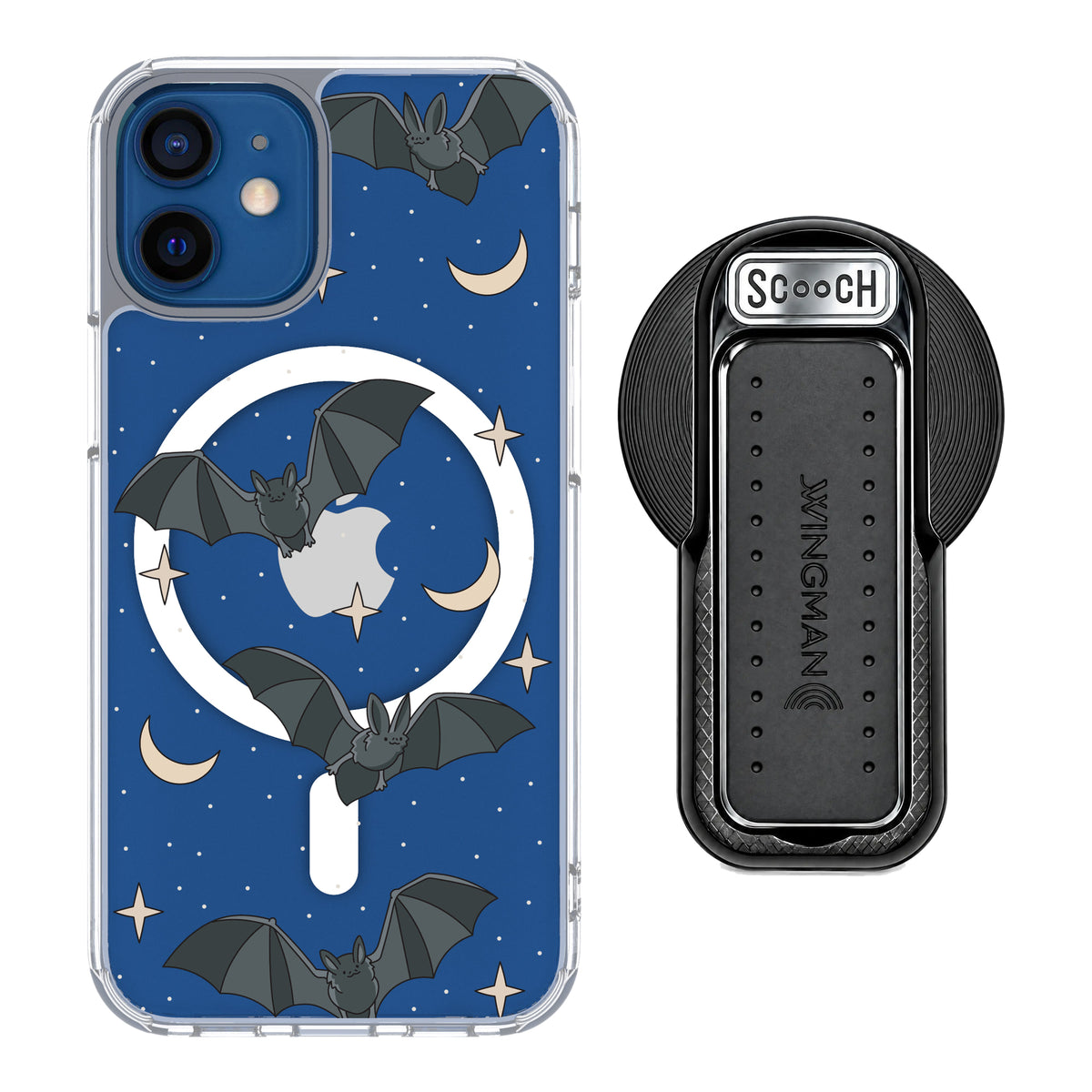 Scooch MagCase Batty Skies magsafe wingback bundle - black featuring the original Batty Skies print