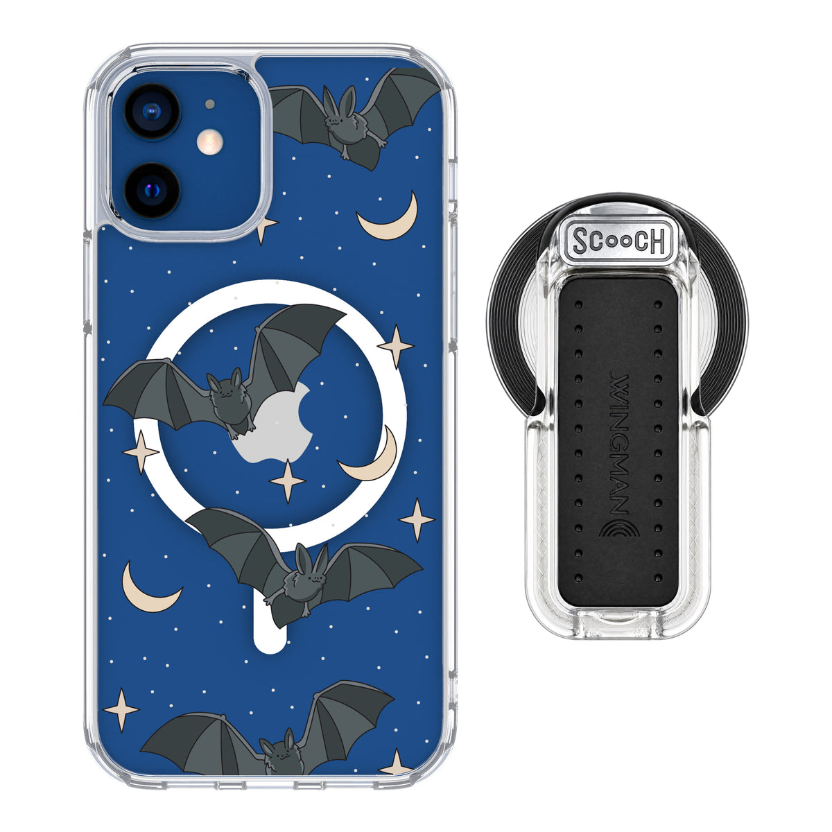 Scooch MagCase Batty Skies magsafe wingback bundle - clear featuring the original Batty Skies print