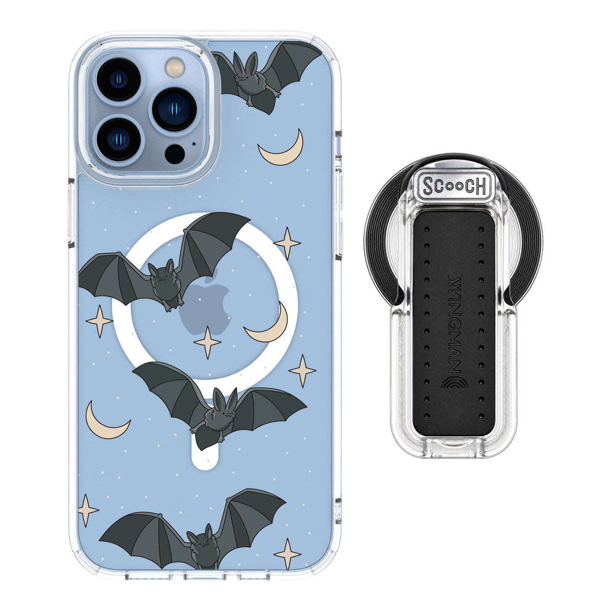 Scooch MagCase Batty Skies magsafe wingback bundle - clear featuring the original Batty Skies print