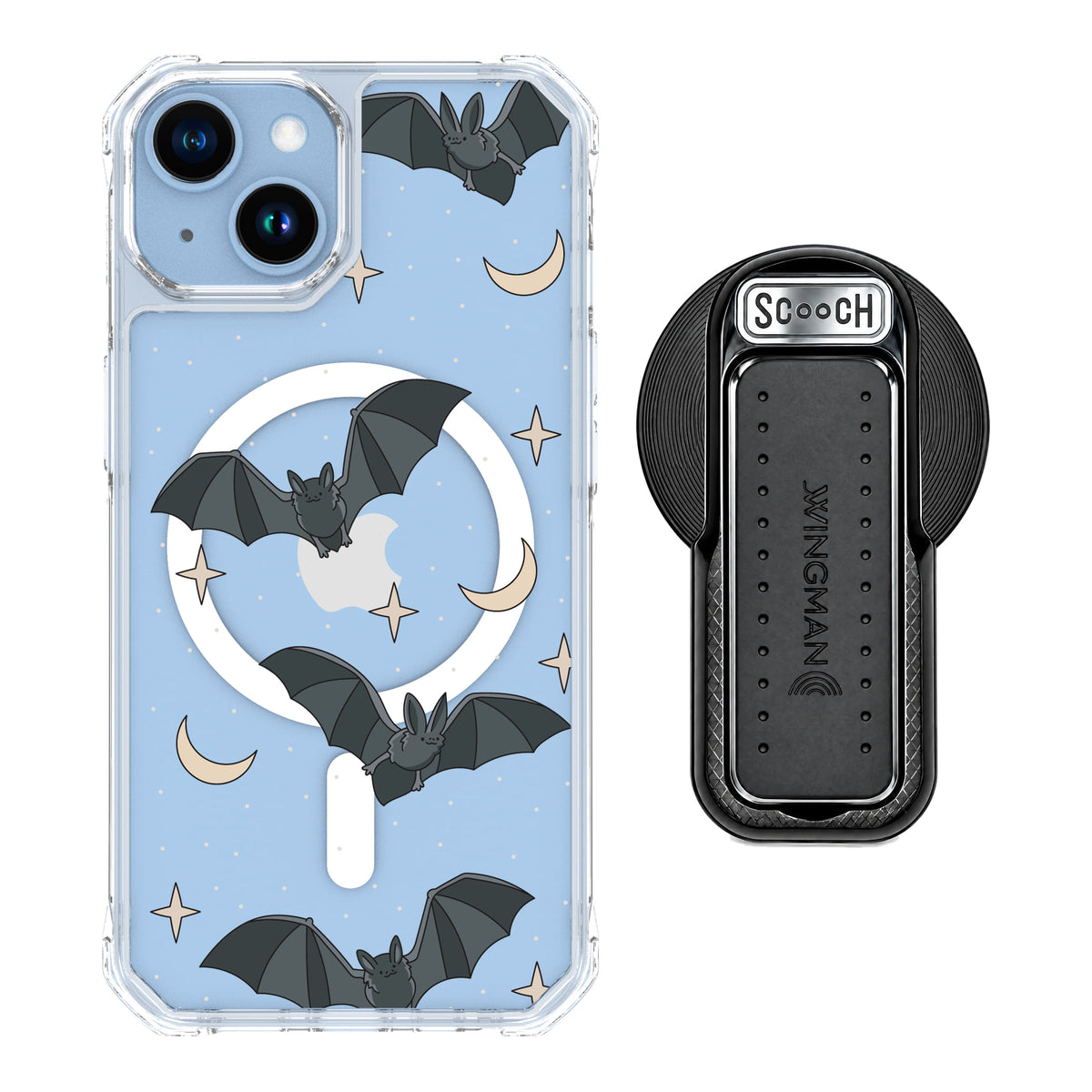 Scooch MagCase Batty Skies magsafe wingback bundle - black featuring the original Batty Skies print