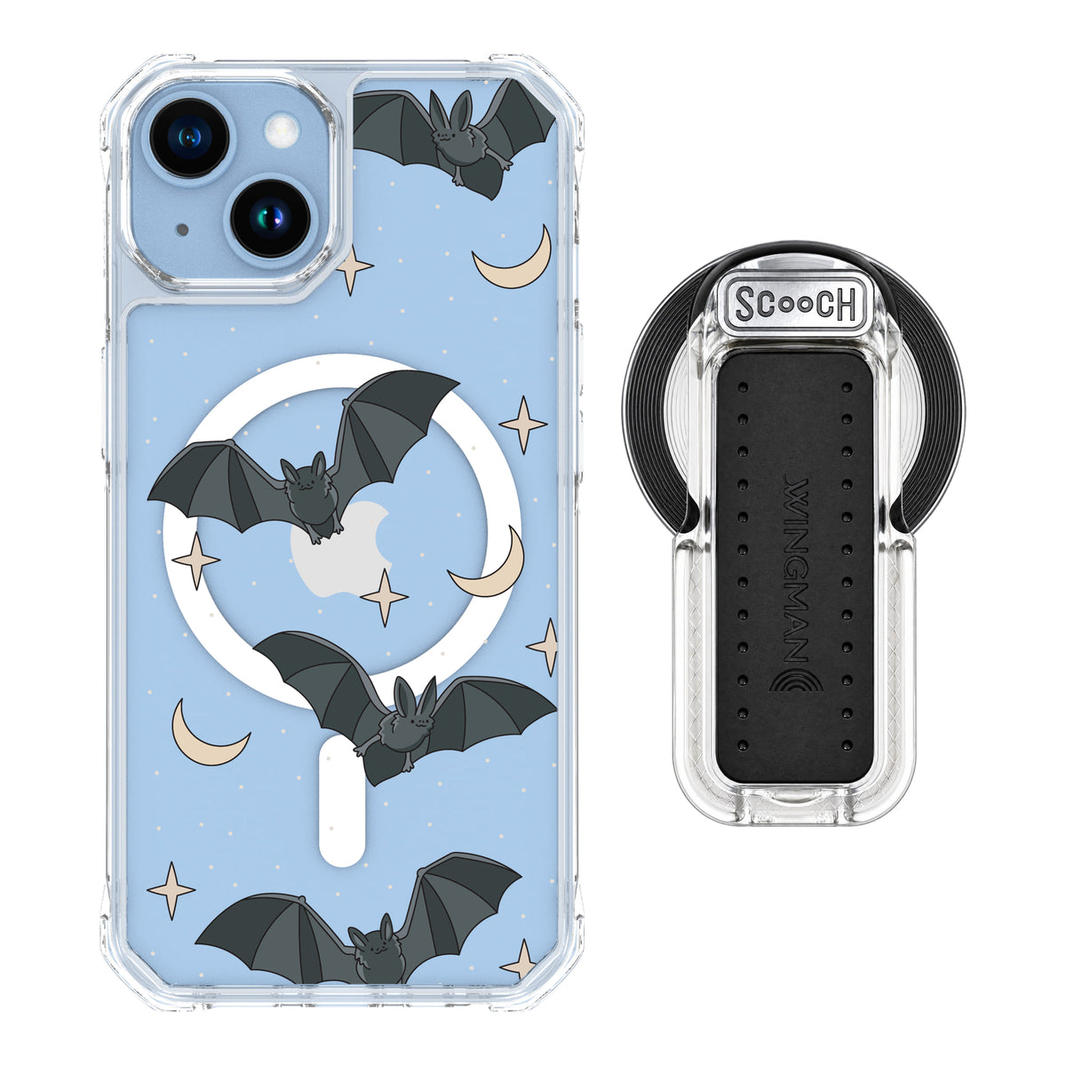 Scooch MagCase Batty Skies magsafe wingback bundle - clear featuring the original Batty Skies print