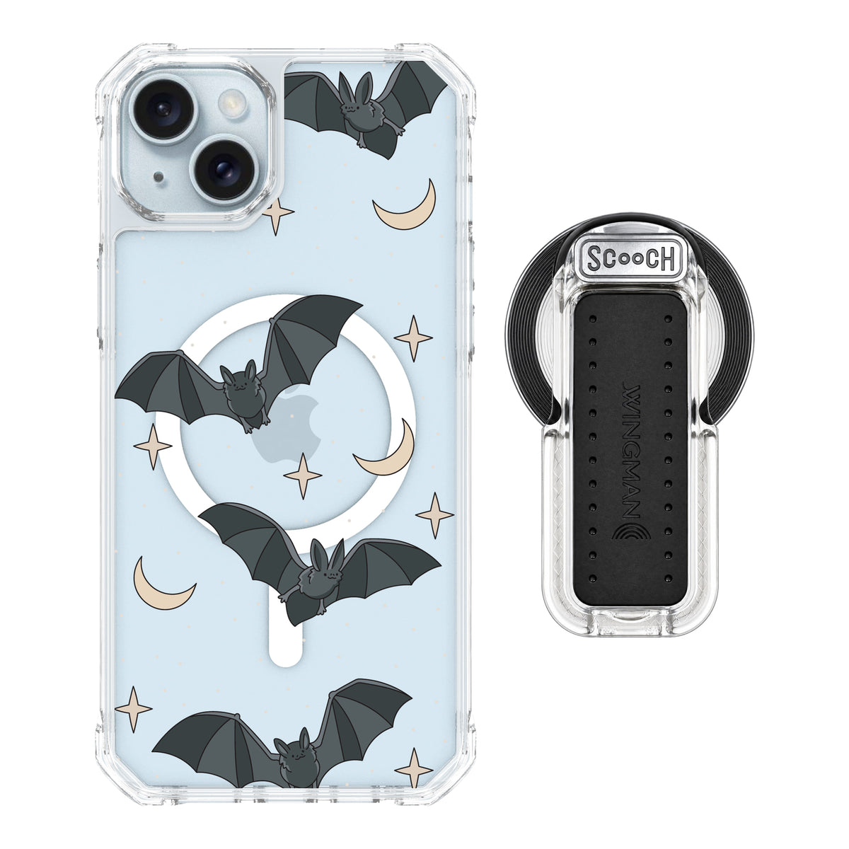 Scooch MagCase Batty Skies magsafe wingback bundle - clear featuring the original Batty Skies print