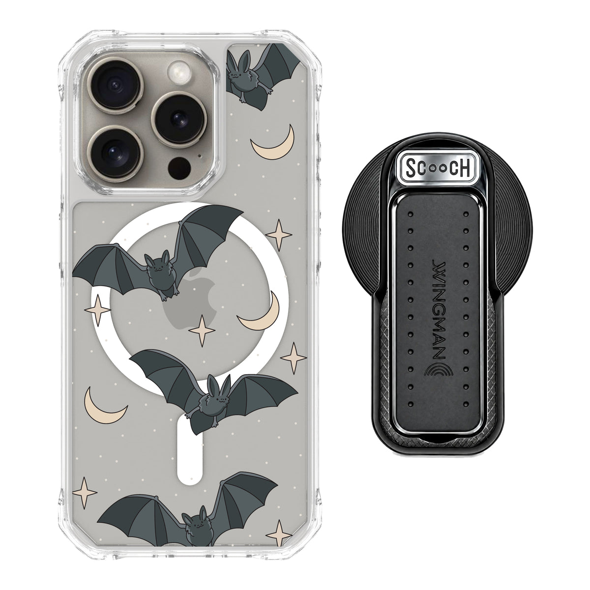 Scooch MagCase Batty Skies magsafe wingback bundle - black featuring the original Batty Skies print