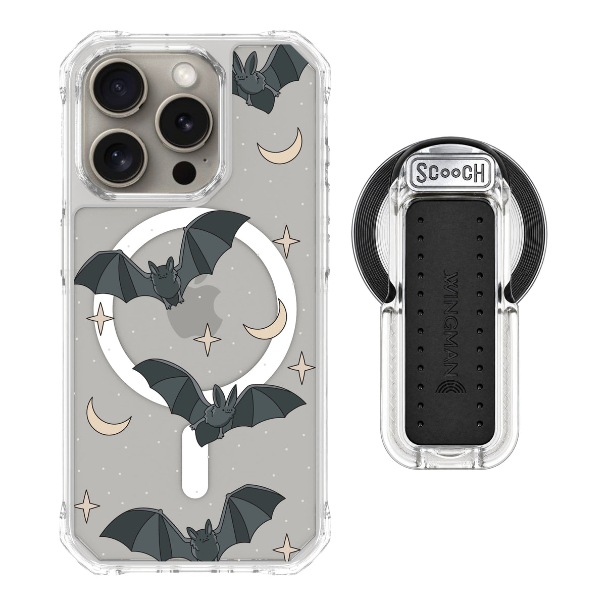Scooch MagCase Batty Skies magsafe wingback bundle - clear featuring the original Batty Skies print