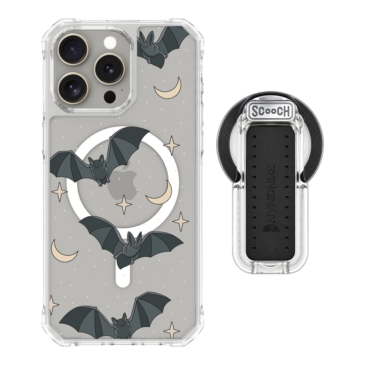Scooch MagCase Batty Skies magsafe wingback bundle - clear featuring the original Batty Skies print