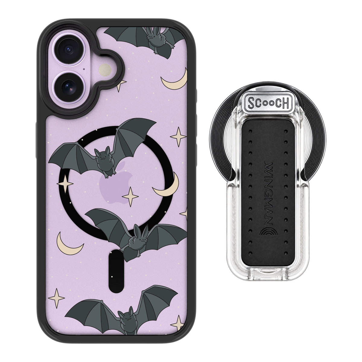 Scooch MagCase Batty Skies magsafe wingback bundle - clear featuring the original Batty Skies print