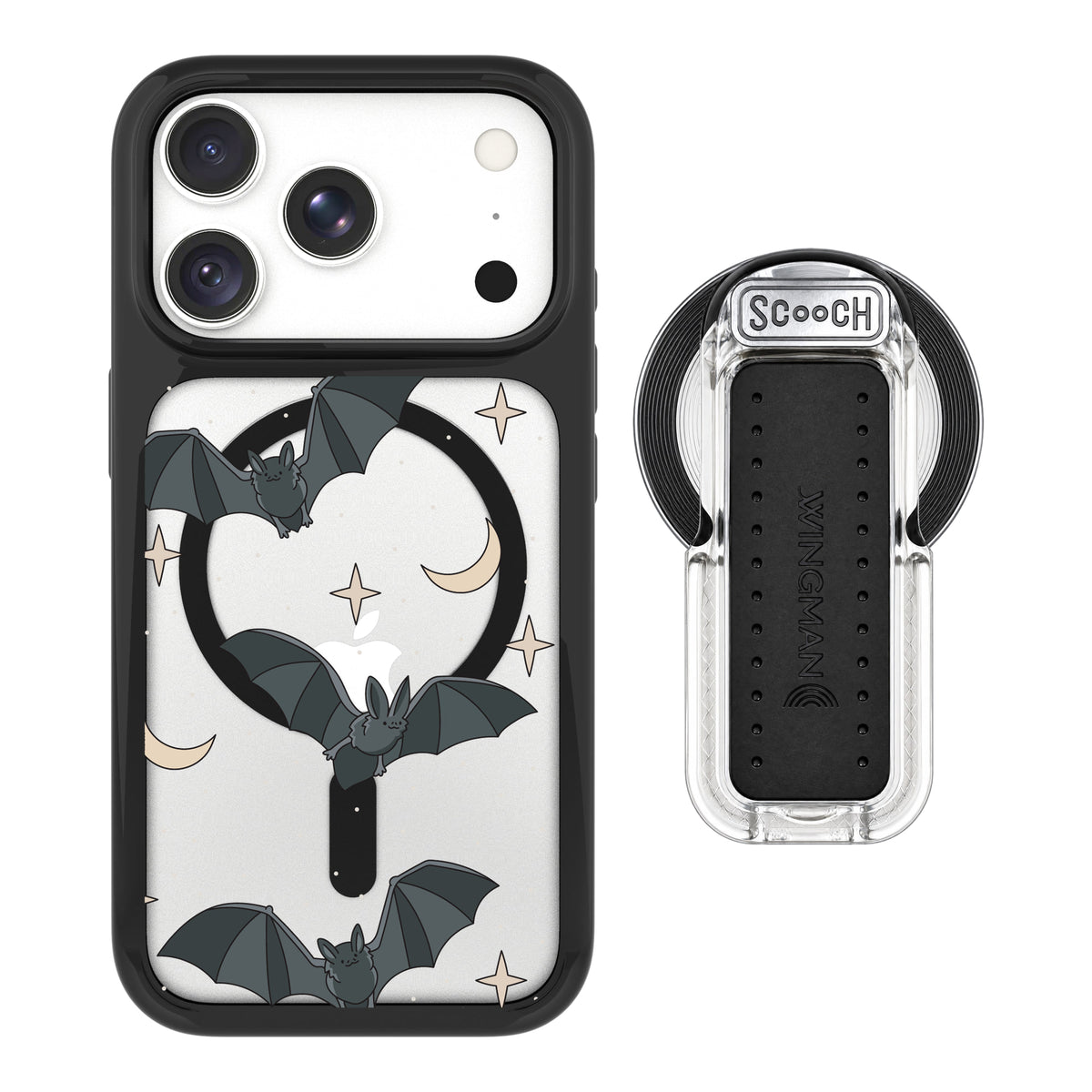 Scooch MagCase Batty Skies magsafe wingback bundle - clear featuring the original Batty Skies print