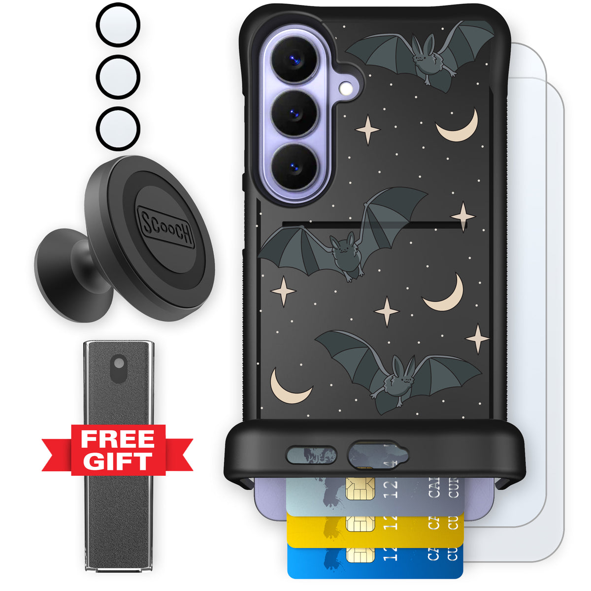 Scooch Wingmate Batty Skies defender bundle featuring the original Batty Skies print