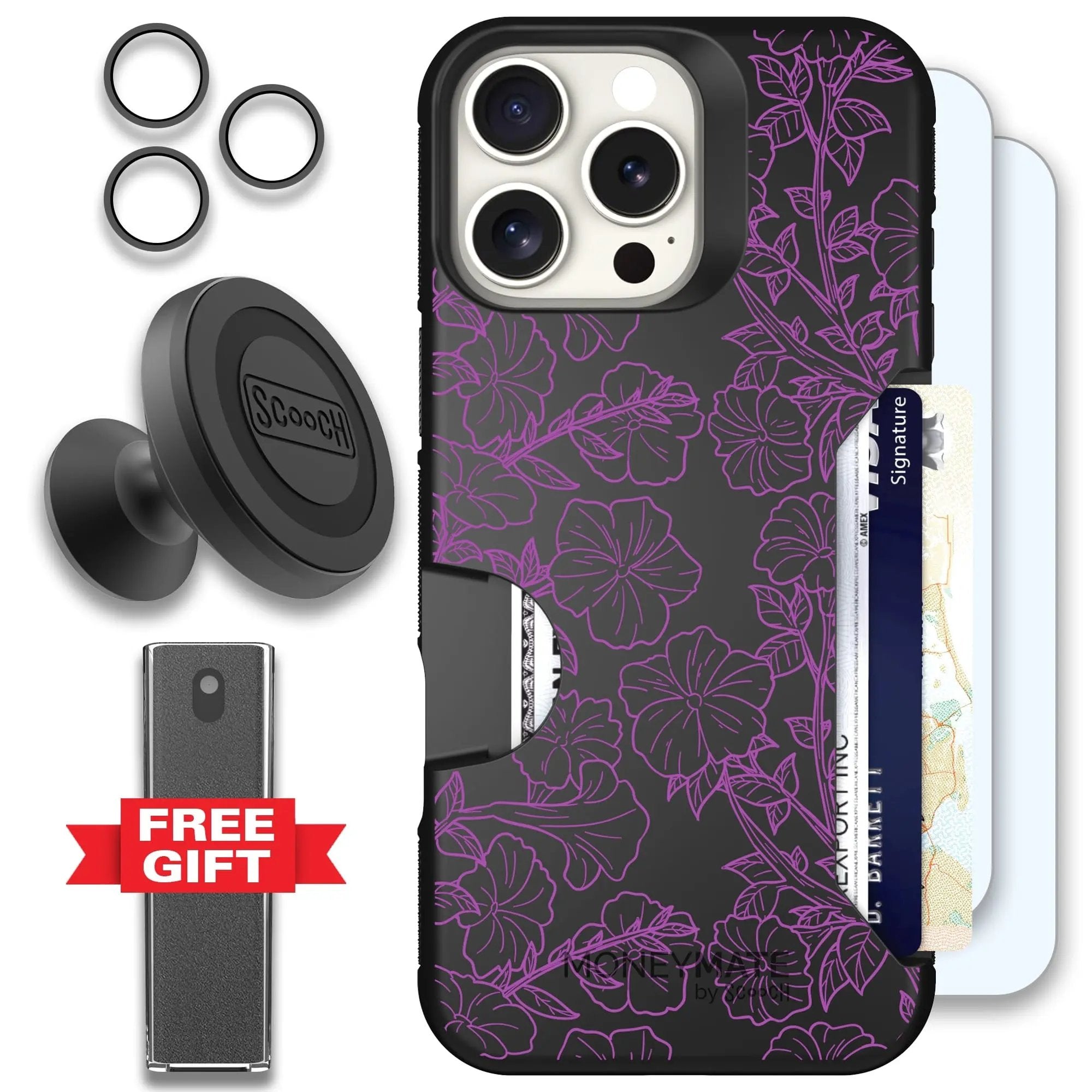 Scooch-Moneymate Defender Bundle for iPhone 16 Pro Max-Purple Petunias